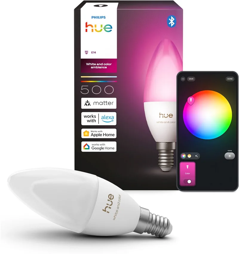 LED kaarslamp - E14 fitting - bevat 1 lamp - aanpasbaar wit en gekleurd licht - slimme verlichting fra Philips Hue – produktbillede 1 af 2