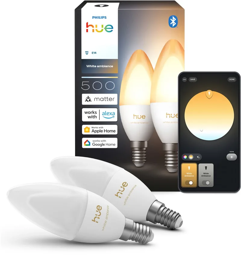 LED kaarslamp - E14 fitting - bevat 2 lampen - aanpasbaar wit licht - slimme verlichting by Philips Hue – product photo 1 of 5