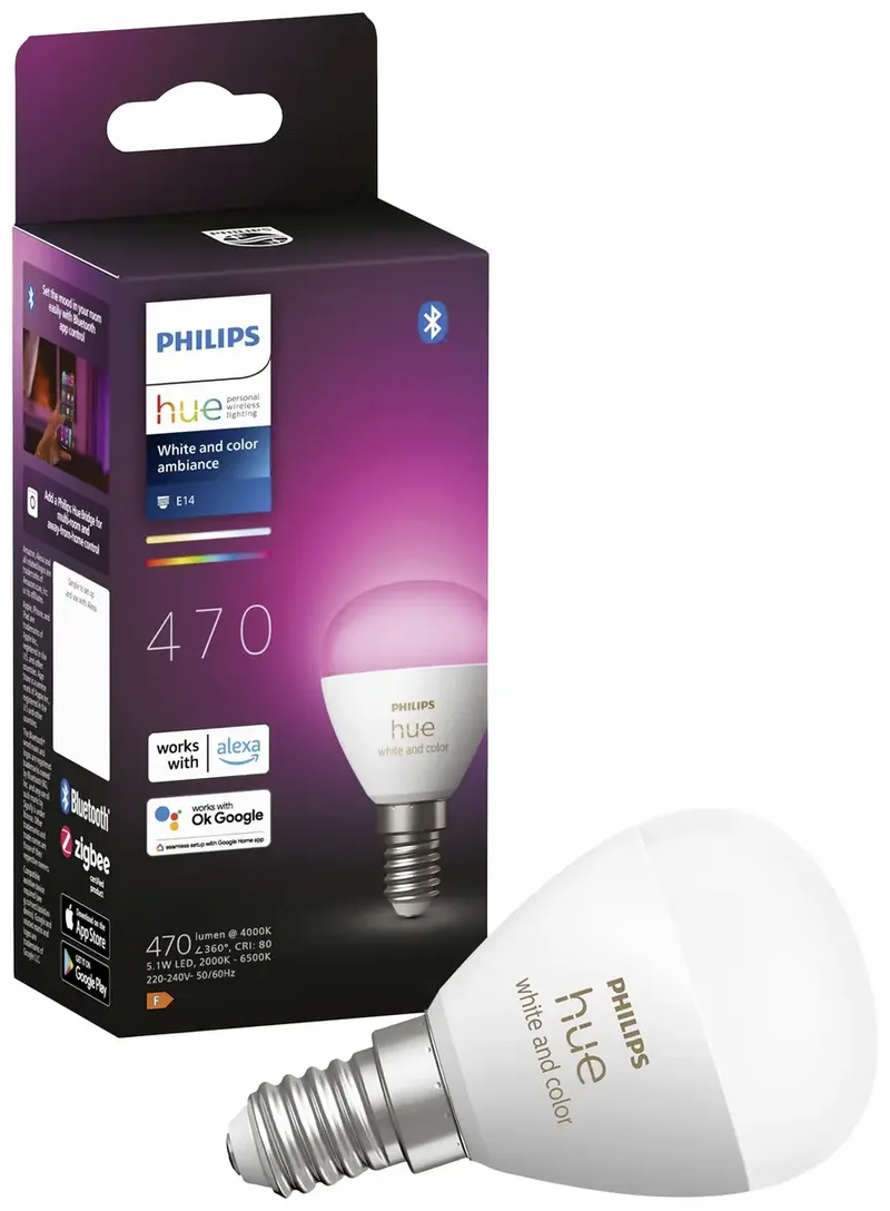 LED lamp - kogellamp - E14 fitting - bevat 1 lamp - aanpasbaar wit en gekleurd licht - slimme verlichting van Philips Hue – productfoto 3 van 3