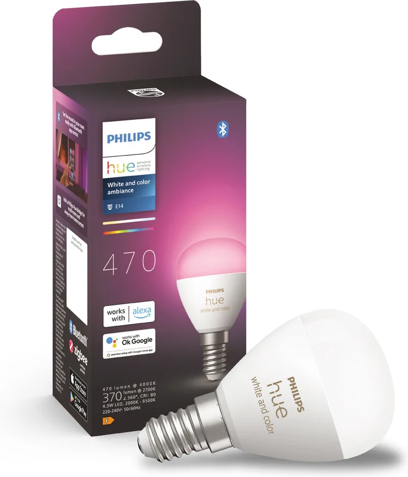 LED lamp - kogellamp - E14 fitting - bevat 1 lamp - aanpasbaar wit en gekleurd licht - slimme verlichting van Philips Hue – productfoto 1 van 3