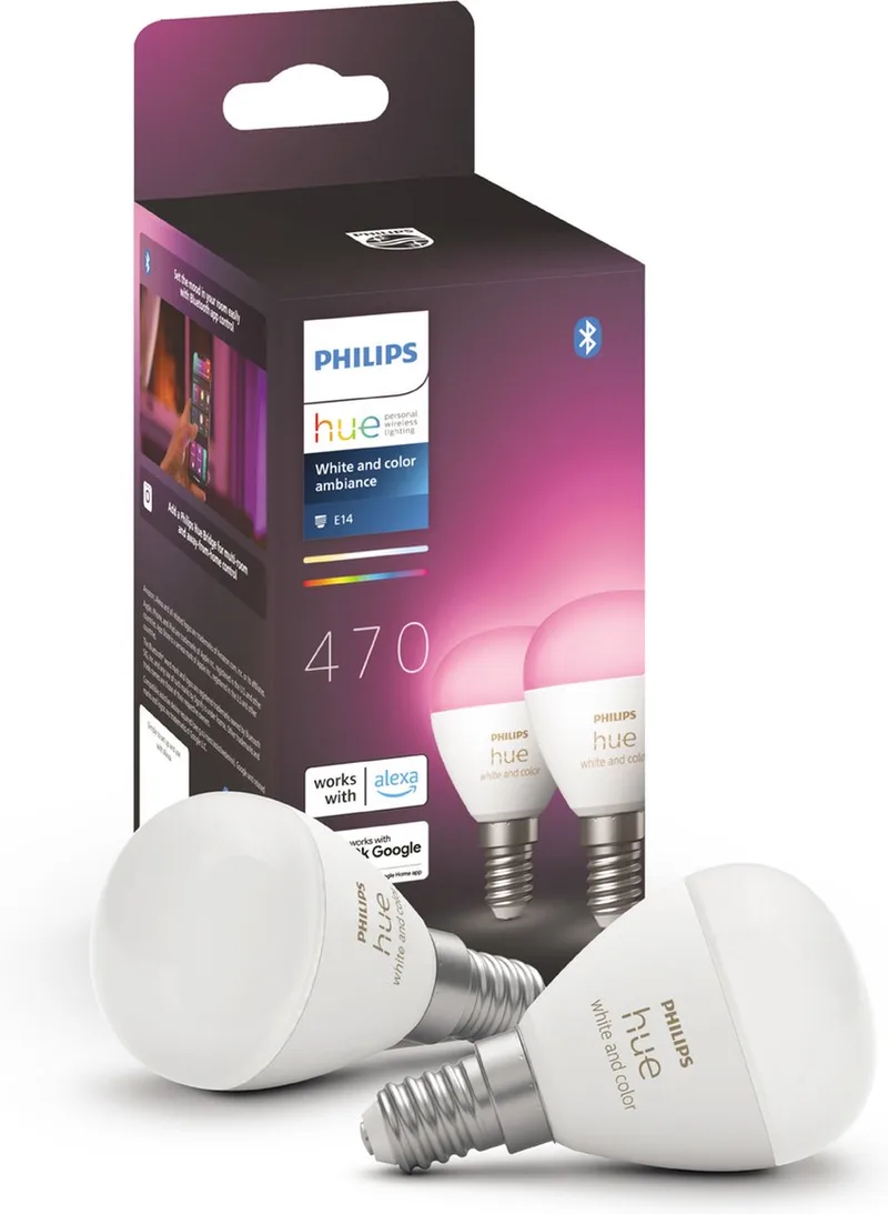 LED lamp - kogellamp - E14 fitting - bevat 2 lampen - aanpasbaar wit en gekleurd licht - slimme verlichting van Philips Hue – productfoto 1 van 5