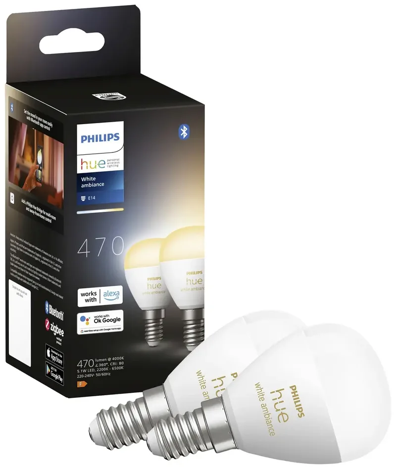 LED lamp - kogellamp - E14 fitting - bevat 2 lampen - aanpasbaar wit licht - slimme verlichting från Philips Hue – produktbild 3 av 3