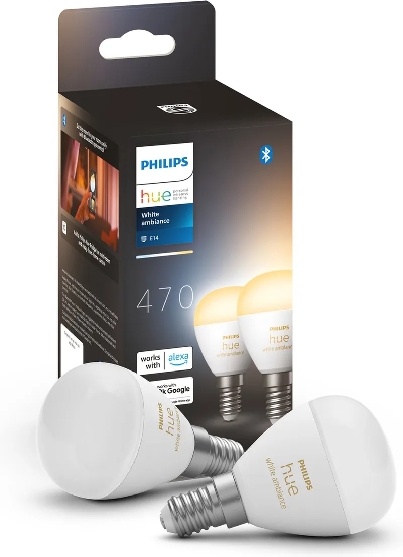 LED lamp - kogellamp - E14 fitting - bevat 2 lampen - aanpasbaar wit licht - slimme verlichting från Philips Hue – produktbild 1 av 3