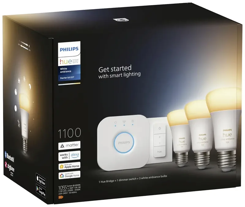 LED-Leuchtmittel 871951429123200 EEK: F (A - G) Hue White Ambiance 3er Starter Set inkl. Dimmschalter 3x800lm 75W E27 11 W Warmweiß bis Kaltweiß från Philips Hue – produktbild