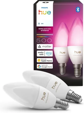 LED-Leuchtmittel Smarte Kerzenlampe, E14, 500 lm, White & Color Ambiance, 2er‑Pack, E14, 2 St., Farbwechsler, 1000–20000K, auf 0,2% dimmbar, App‑ & Sprachsteuerung van Philips Hue in Wit – productfoto 1 van 5