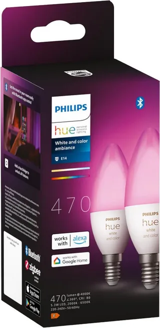 LED-Leuchtmittel White / White & Color Ambiance, Kerzenform 470lm, E14, 2 St., Farbwechsler by Philips Hue in White – product photo 2 of 5