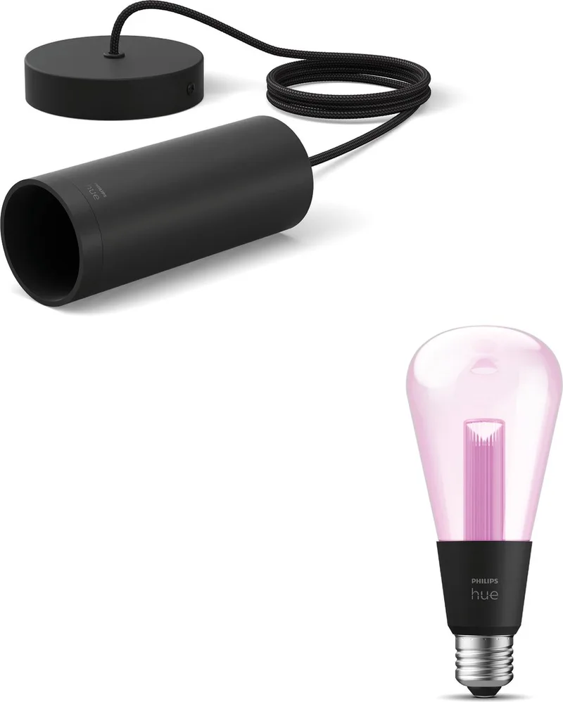 Lightguide Hanglamp - E27 - Wit en Gekleurd Licht - Incl. 1 Hue Lightguide Edisson Lamp Groot (ST72) - Hue White and Color Ambiance van Philips Hue in Zwart – productfoto