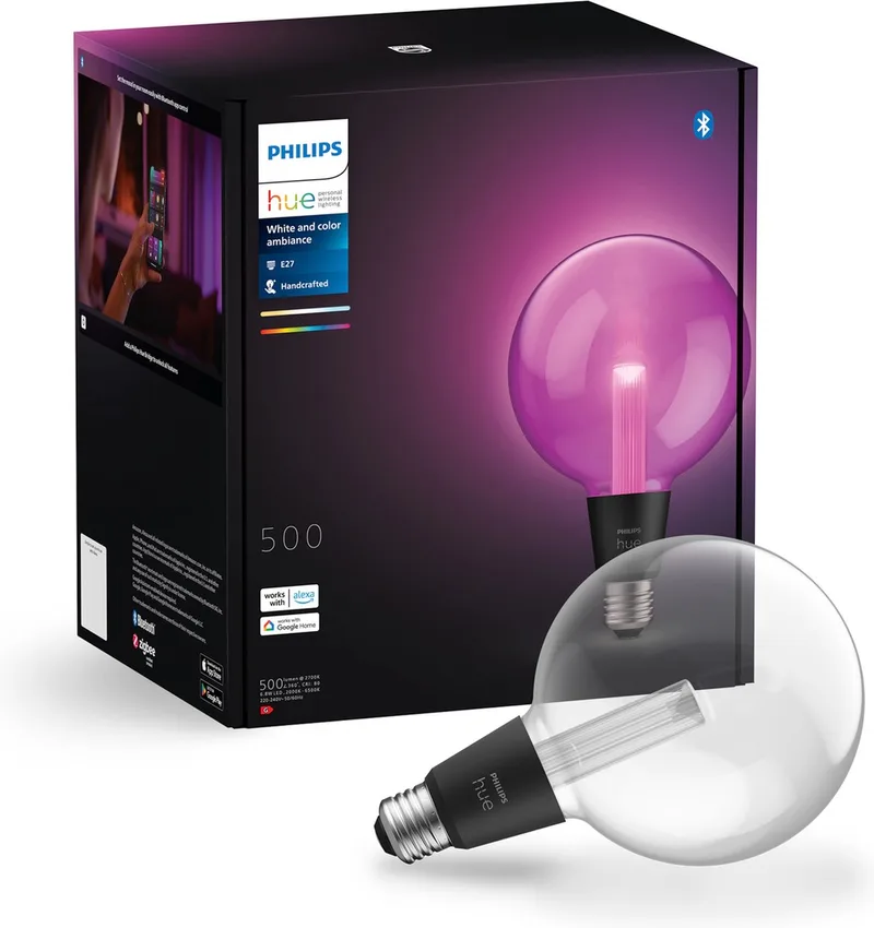 Lightguide LED lamp - E27 fitting - aanpasbaar wit en gekleurd licht - globe vorm - Ø 125mm - slimme verlichting by Philips Hue – product photo