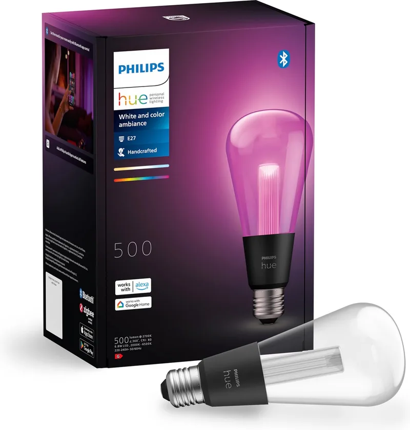 Lightguide LED lamp - E27 fitting - aanpasbaar wit en gekleurd licht - standaard lampvorm - 168mm hoog - slimme verlichting by Philips Hue – product photo 1 of 3