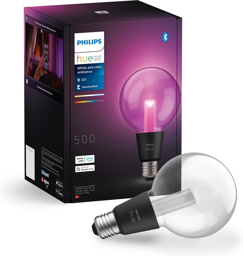 Lightguide LED lamp - E27 fitting - aanpasbaar wit en gekleurd licht - globe vorm - Ø 95mm - slimme verlichting från Philips Hue – produktbild 1 av 3
