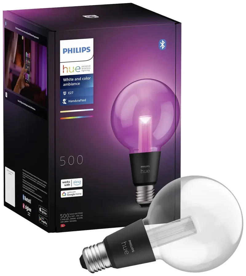 Lightguide LED lamp - E27 fitting - aanpasbaar wit en gekleurd licht - globe vorm - Ø 95mm - slimme verlichting från Philips Hue – produktbild 3 av 3