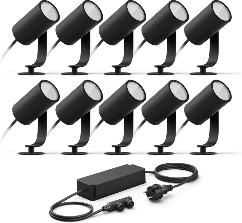 Lily Basisset van 10 Tuinspots (Antraciet) - Wit en Gekleurd Licht - Incl. 1 Voedingskabel - Tuinverlichting - Hue White and Color Ambiance de Philips Hue en Noir – photo produit