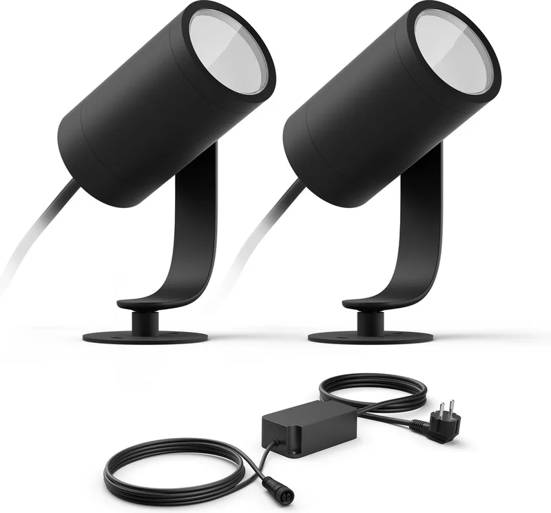 Lily Basisset van 2 Tuinspots (Antraciet) - Wit en Gekleurd Licht - Incl. 1 Voedingskabel - Tuinverlichting - Hue White and Color Ambiance de Philips Hue en Noir – photo produit