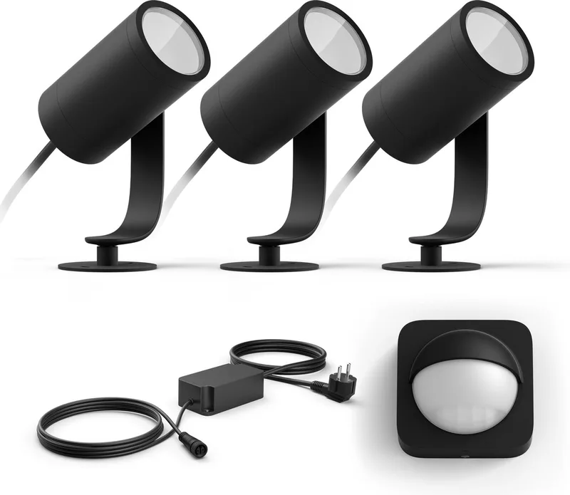 Lily Basisset van 3 Tuinspots (Antraciet) - Wit en Gekleurd Licht - Incl. 1 Voedingskabel, 1 Bewegingssensor voor Buiten - Tuinverlichting - Hue White and Color Ambiance de Philips Hue en Noir – photo produit