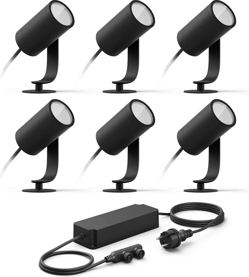 Lily Basisset van 6 Tuinspots (Antraciet) - Wit en Gekleurd Licht - Incl. 1 Voedingskabel - Tuinverlichting - Hue White and Color Ambiance de Philips Hue en Noir – photo produit