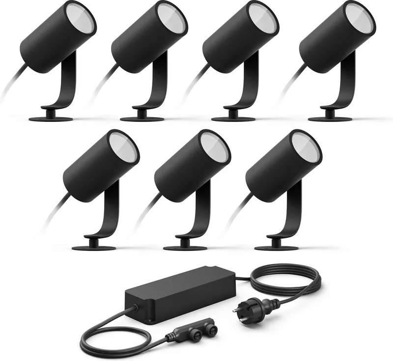 Lily Basisset van 7 Tuinspots (Antraciet) - Wit en Gekleurd Licht - Incl. 1 Voedingskabel - Tuinverlichting - Hue White and Color Ambiance de Philips Hue en Noir – photo produit