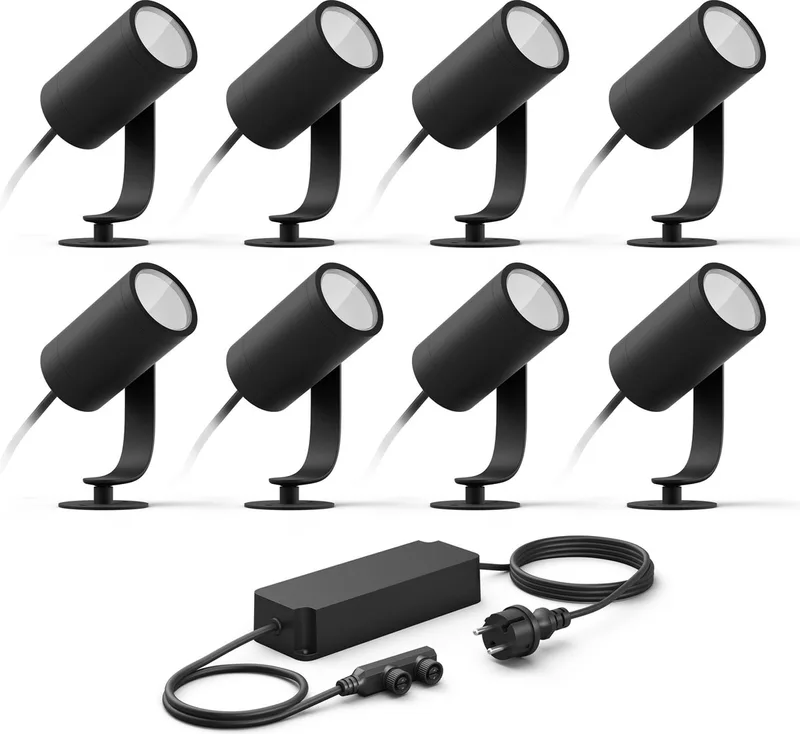 Lily Basisset van 8 Tuinspots (Antraciet) - Wit en Gekleurd Licht - Incl. 1 Voedingskabel - Tuinverlichting - Hue White and Color Ambiance de Philips Hue en Noir – photo produit