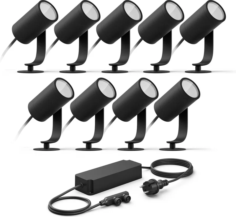 Lily Basisset van 9 Tuinspots (Antraciet) - Wit en Gekleurd Licht - Incl. 1 Voedingskabel - Tuinverlichting - Hue White and Color Ambiance de Philips Hue en Noir – photo produit