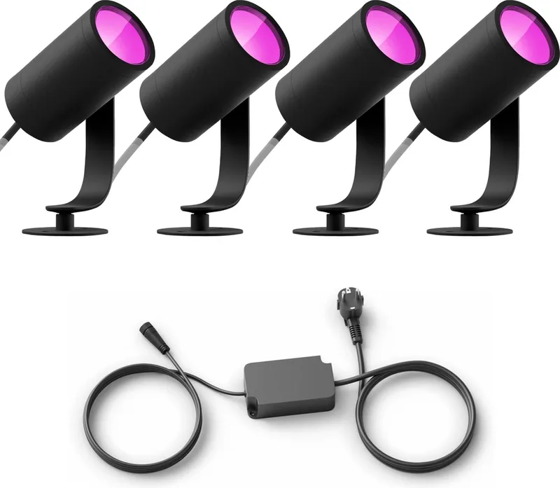 Lily Basisset Voordeelpakket van 4 Tuinspots (Antraciet) - Wit en Gekleurd Licht - Incl. 1 Voedingskabel - Tuinverlichting - Hue White and Color Ambiance de Philips Hue en Noir – photo produit