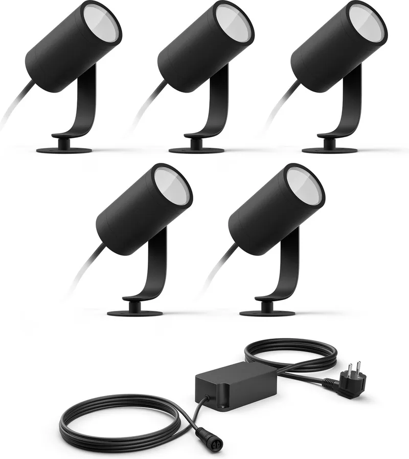 Lily Basisset Voordeelpakket van 5 Tuinspots (Antraciet) - Wit en Gekleurd Licht - Incl. 1 Voedingskabel - Tuinverlichting - Hue White and Color Ambiance by Philips Hue in Black – product photo