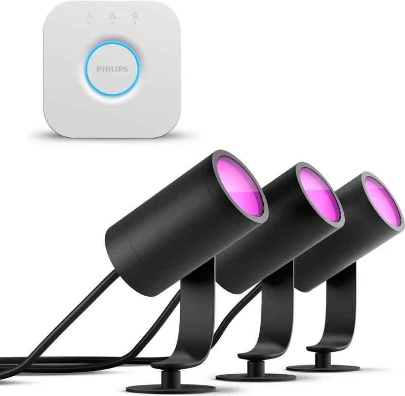 Lily Starterspakket van 3 Tuinspots (Antraciet) - Wit en Gekleurd Licht - Incl. 1 Voedingskabel, 1 Hue Bridge - Tuinverlichting - Hue White and Color Ambiance fra Philips Hue i Sort – produktbillede
