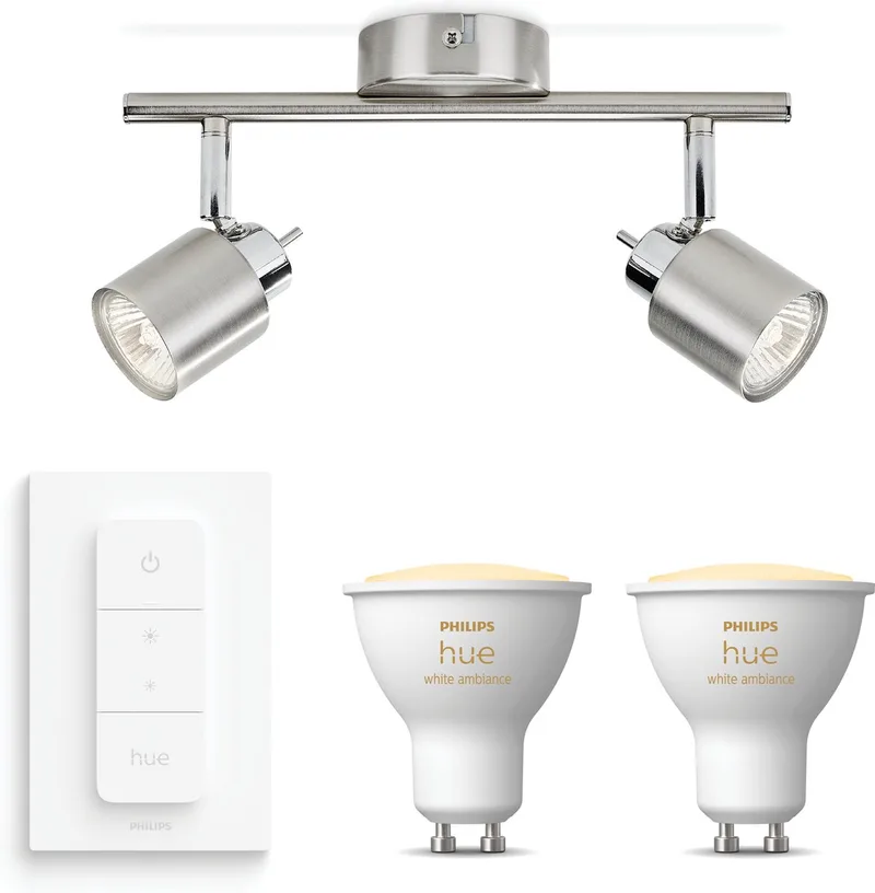 Meranti Opbouwspot - Warm tot Koelwit Licht - Incl. Hue Dimmer Switch - Plafondspot met 2 Lichtpunten - GU10 - Hue White Ambiance van Philips Hue in Mat Chroom – productfoto