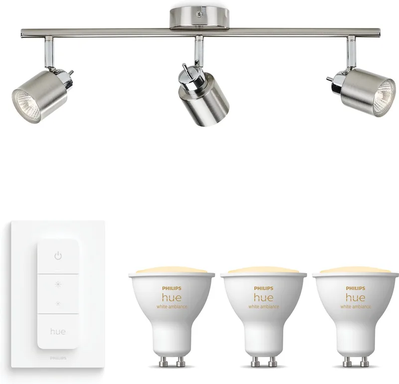 Meranti Opbouwspot - Warm tot Koelwit Licht - Incl. Hue Dimmer Switch - Plafondspot met 3 Lichtpunten - GU10 - Hue White Ambiance van Philips Hue in Mat Chroom – productfoto