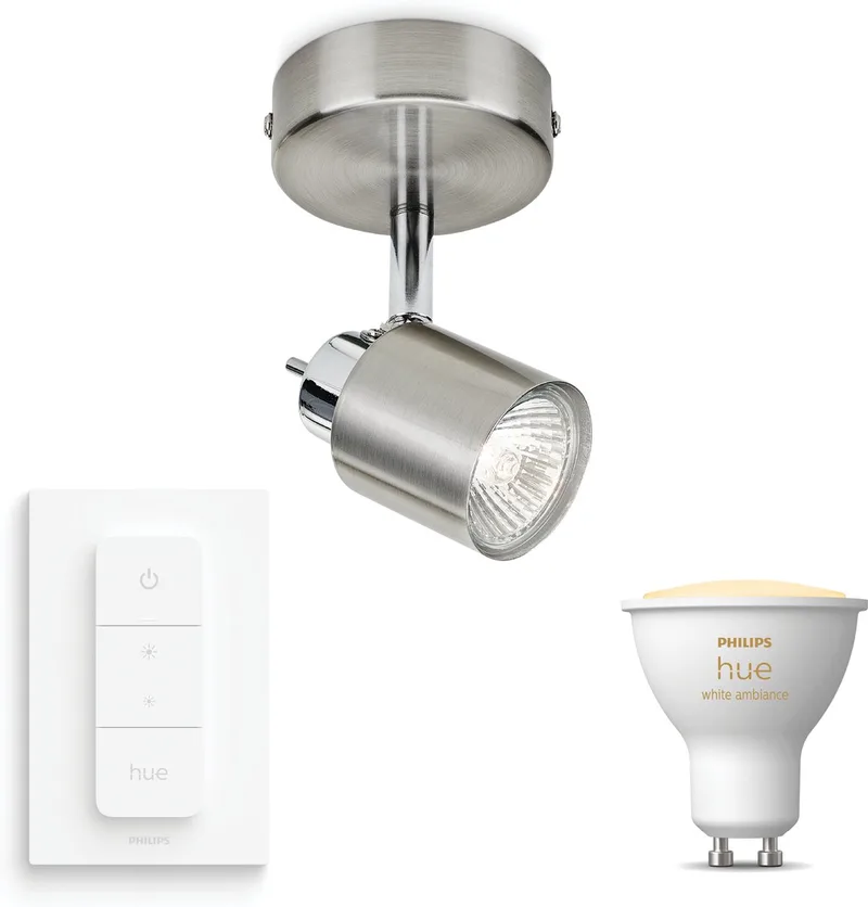 Meranti Opbouwspot - Warm tot Koelwit Licht - Incl. Hue Dimmer Switch - Wandspot of Plafondspot met 1 Lichtpunt - GU10 - Hue White Ambiance van Philips Hue in Mat Chroom – productfoto