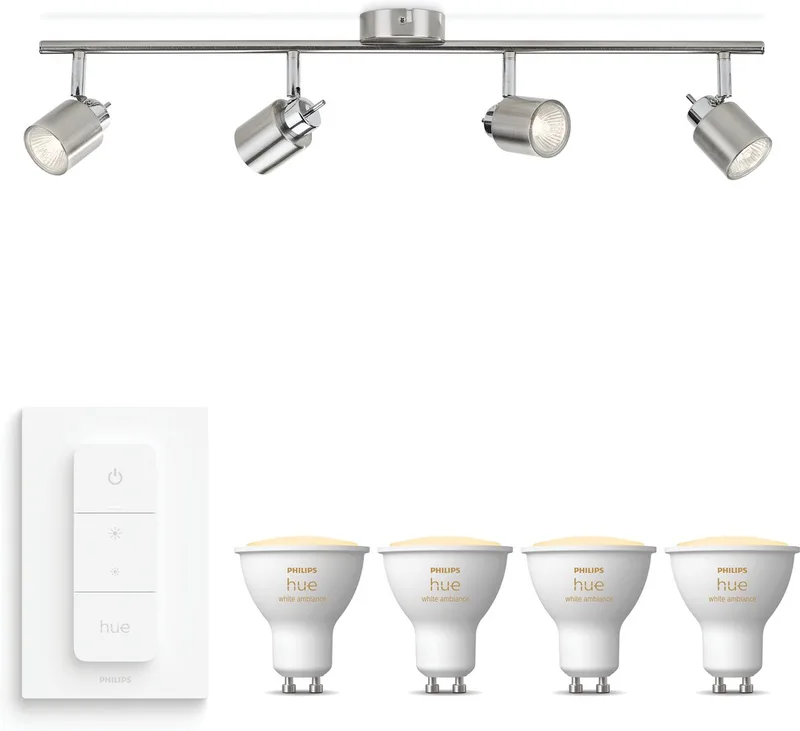 Meranti Opbouwspot - Warm tot Koelwit Licht - Incl. Hue Dimmer Switch - Plafondspot met 4 Lichtpunten - GU10 - Hue White Ambiance van Philips Hue in Mat Chroom – productfoto