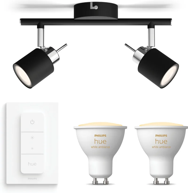 Meranti Opbouwspot - Warm tot Koelwit Licht - Incl. Hue Dimmer Switch - Plafondspot met 2 Lichtpunten - GU10 - Hue White Ambiance by Philips Hue in Black – product photo