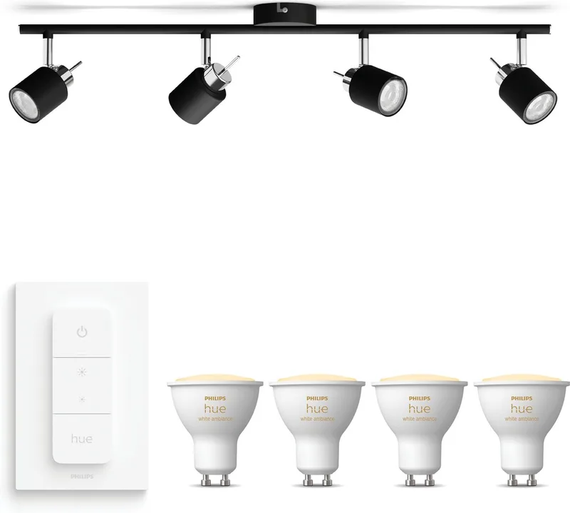Meranti Opbouwspot - Warm tot Koelwit Licht - Incl. Hue Dimmer Switch - Plafondspot met 4 Lichtpunten - GU10 - Hue White Ambiance van Philips Hue in Zwart – productfoto