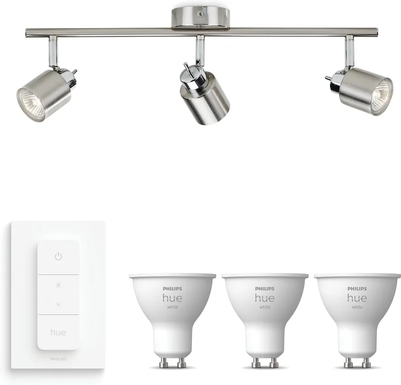 Meranti Opbouwspot - Warmwit Licht - Incl. Hue Dimmer Switch - Plafondspot met 3 Lichtpunten - GU10 - Hue White van Philips Hue in Mat Chroom – productfoto