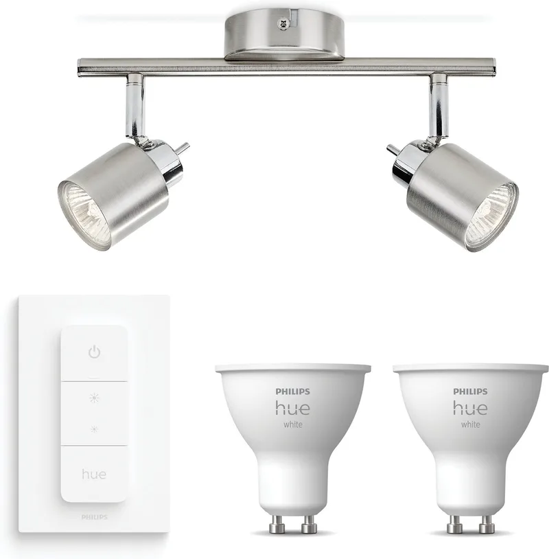 Meranti Opbouwspot - Warmwit Licht - Incl. Hue Dimmer Switch - Plafondspot met 2 Lichtpunten - GU10 - Hue White van Philips Hue in Mat Chroom – productfoto