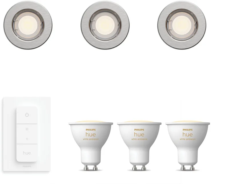 Peridot Set van 3 Inbouwspots - Rond - Niet Richtbaar - GU10 - Warm tot Koelwit Licht - Incl. Hue Dimmer Switch - Hue White Ambiance von Philips Hue in Nikkel – Produktfoto