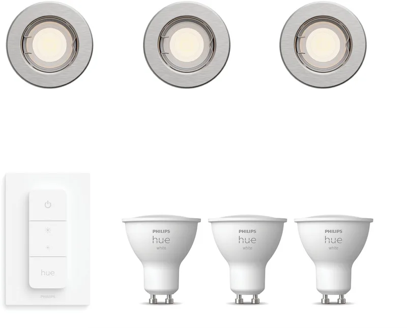 Peridot Set van 3 Inbouwspots - Rond - Niet Richtbaar - GU10 - Warmwit Licht - Incl. Hue Dimmer Switch - Hue White by Philips Hue in Nikkel – product photo