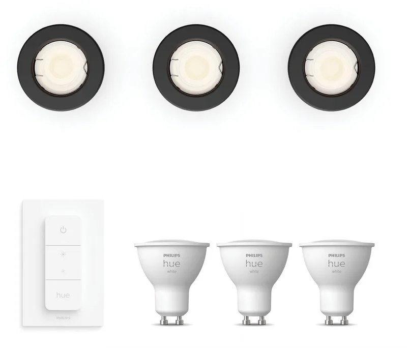 Peridot Set van 3 Inbouwspots - Rond - Niet Richtbaar - GU10 - Warmwit Licht - Incl. Hue Dimmer Switch - Hue White by Philips Hue in Black – product photo