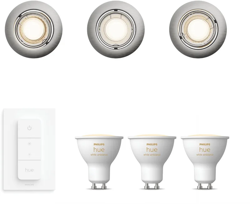 Peridot Set van 3 Inbouwspots - Rond - Richtbaar - GU10 - Warm tot Koelwit Licht - Incl. Hue Dimmer Switch - Hue White Ambiance by Philips Hue in Nikkel – product photo
