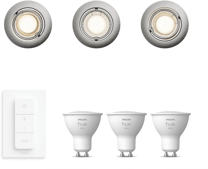 Peridot Set van 3 Inbouwspots - Rond - Richtbaar - GU10 - Warmwit Licht - Incl. Hue Dimmer Switch - Hue White van Philips Hue in Nikkel – productfoto