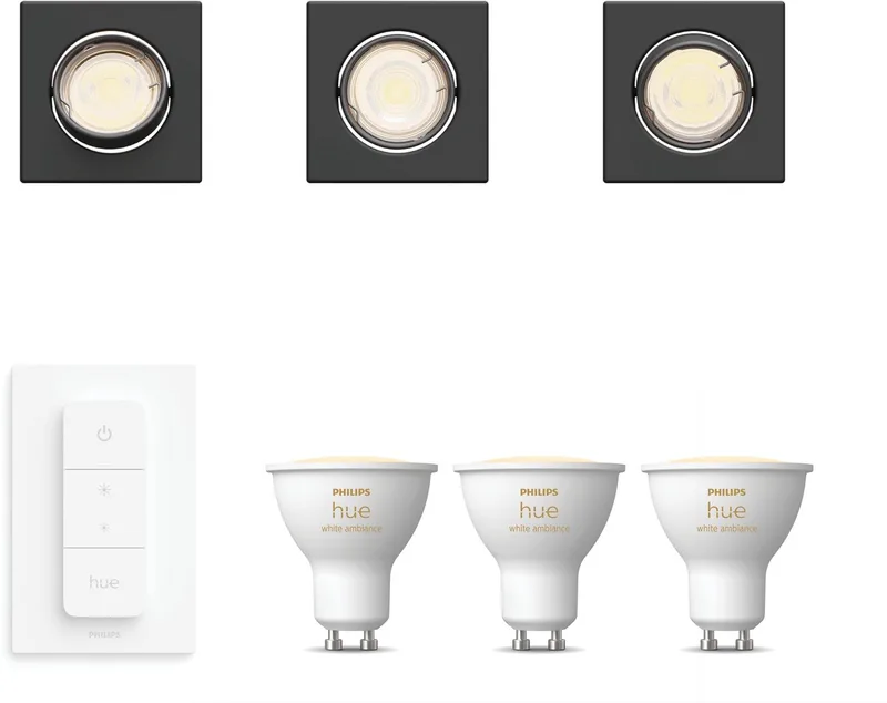 Peridot Set van 3 Inbouwspots - Vierkant - Richtbaar - GU10 - Warm tot Koelwit Licht - Incl. Hue Dimmer Switch - Hue White Ambiance von Philips Hue in Schwarz – Produktfoto