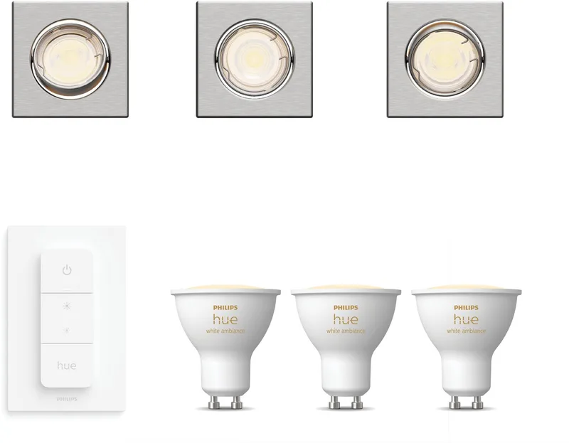 Peridot Set van 3 Inbouwspots - Vierkant - Richtbaar - GU10 - Warm tot Koelwit Licht - Incl. Hue Dimmer Switch - Hue White Ambiance von Philips Hue in Nikkel – Produktfoto