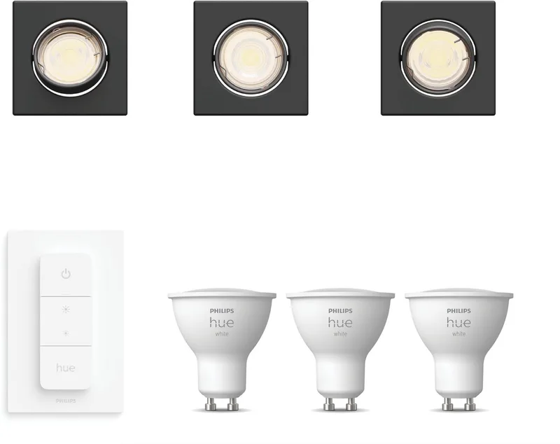 Peridot Set van 3 Inbouwspots - Vierkant - Richtbaar - GU10 - Warmwit Licht - Incl. Hue Dimmer Switch - Hue White von Philips Hue in Schwarz – Produktfoto
