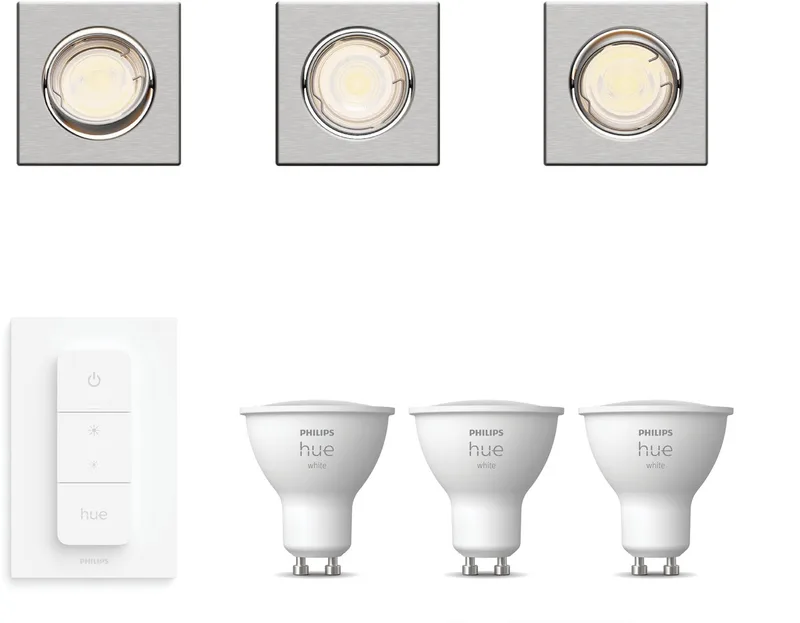 Peridot Set van 3 Inbouwspots - Vierkant - Richtbaar - GU10 - Warmwit Licht - Incl. Hue Dimmer Switch - Hue White de Philips Hue en Nikkel – photo produit