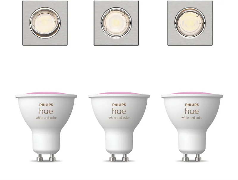Peridot Set van 3 Inbouwspots - Vierkant - Richtbaar - GU10 - Wit en Gekleurd Licht - Hue White and Color Ambiance de Philips Hue en Nikkel – photo produit