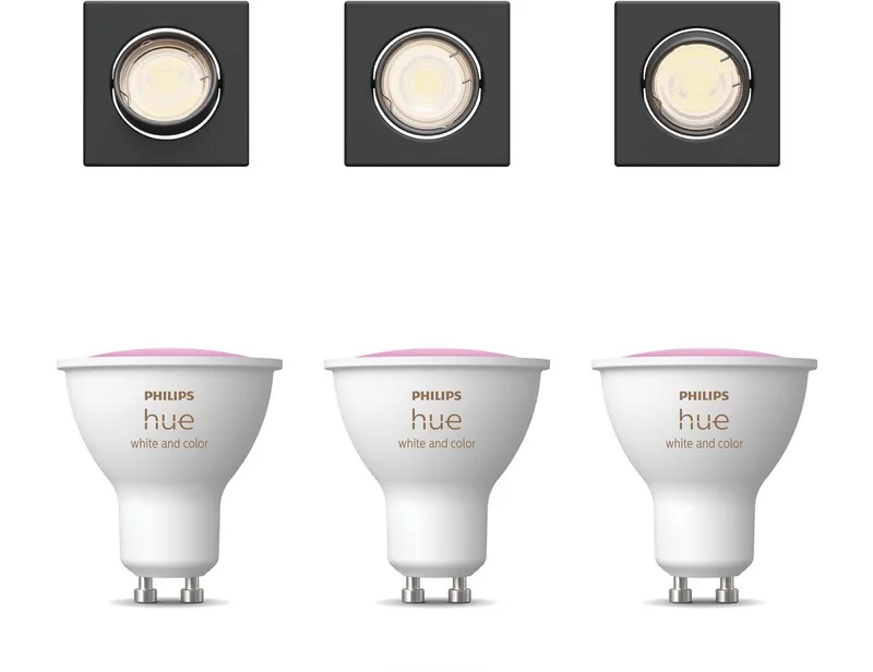 Peridot Set van 3 Inbouwspots - Vierkant - Richtbaar - GU10 - Wit en Gekleurd Licht - Hue White and Color Ambiance de Philips Hue en Noir – photo produit