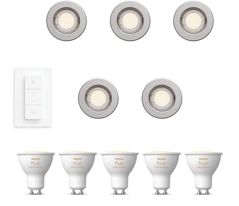 Peridot Set van 5 Inbouwspots - Rond - Niet Richtbaar - GU10 - Warm tot Koelwit Licht - Incl. Hue Dimmer Switch - Hue White Ambiance van Philips Hue in Nikkel – productfoto
