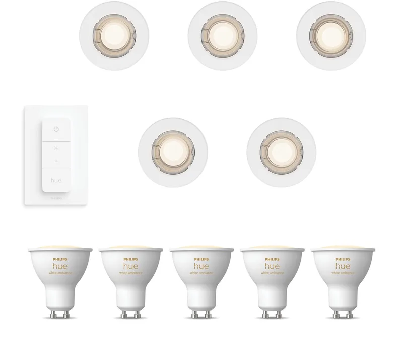 Peridot Set van 5 Inbouwspots - Rond - Niet Richtbaar - GU10 - Warm tot Koelwit Licht - Incl. Hue Dimmer Switch - Hue White Ambiance van Philips Hue in Wit – productfoto