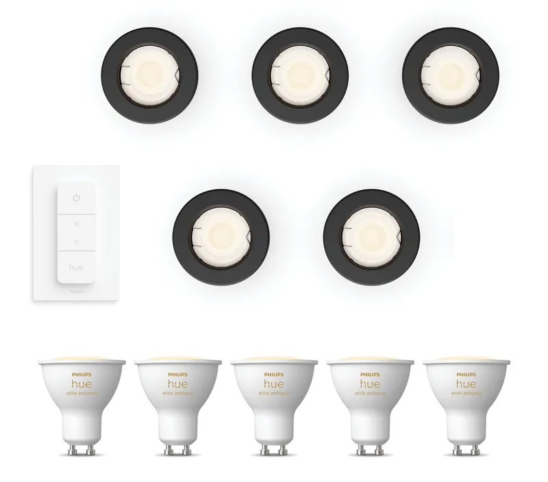 Peridot Set van 5 Inbouwspots - Rond - Niet Richtbaar - GU10 - Warm tot Koelwit Licht - Incl. Hue Dimmer Switch - Hue White Ambiance van Philips Hue in Zwart – productfoto