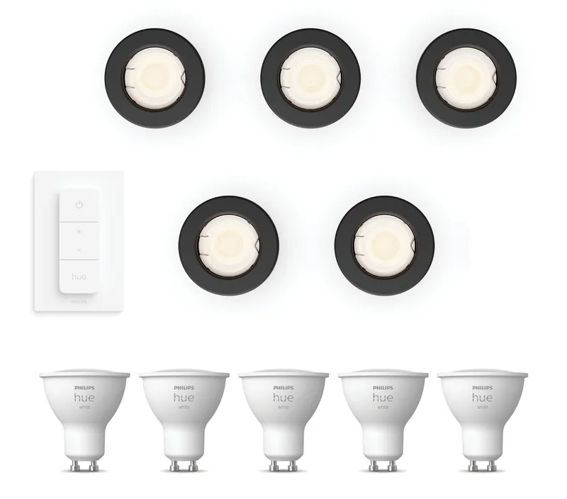 Peridot Set van 5 Inbouwspots - Rond - Niet Richtbaar - GU10 - Warmwit Licht - Incl. Hue Dimmer Switch - Hue White von Philips Hue in Schwarz – Produktfoto