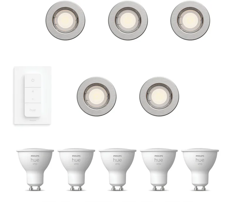 Peridot Set van 5 Inbouwspots - Rond - Niet Richtbaar - GU10 - Warmwit Licht - Incl. Hue Dimmer Switch - Hue White van Philips Hue in Nikkel – productfoto