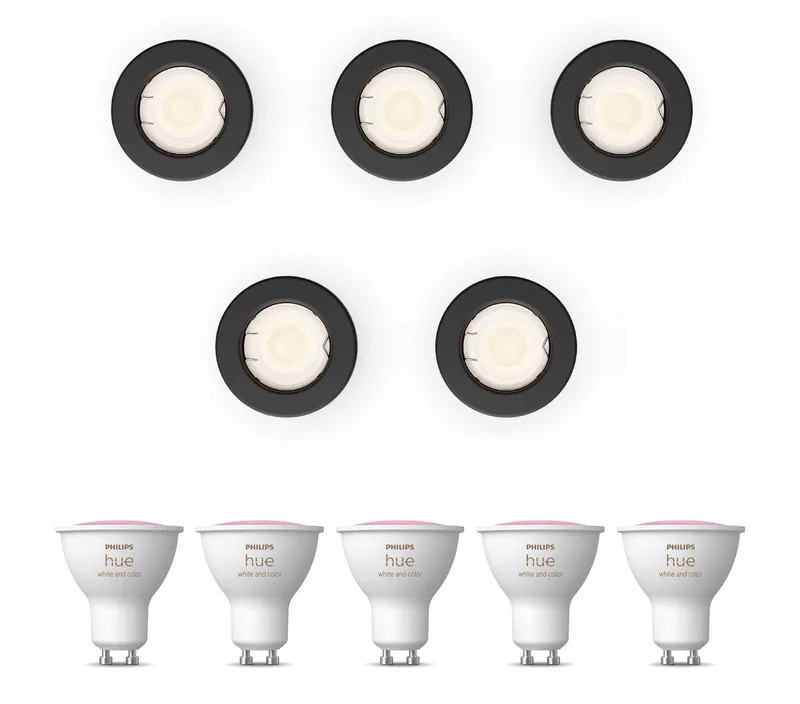 Peridot Set van 5 Inbouwspots - Rond - Niet Richtbaar - GU10 - Wit en Gekleurd Licht - Hue White and Color Ambiance van Philips Hue in Zwart – productfoto